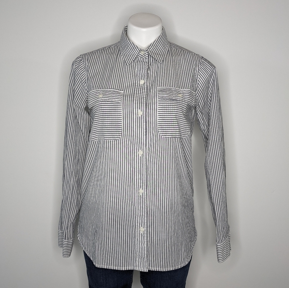 Athleta blue white striped cotton button up XS
